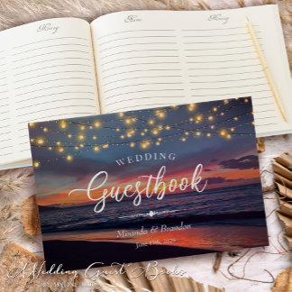Elegant String Lights Summer Sunset Beach Wedding Guest Book
