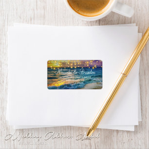 Elegant String Lights Summer Sunset Beach Wedding Label
