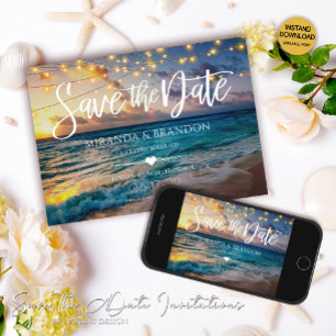 Elegant String Lights Summer Sunset Beach Wedding Save The Date