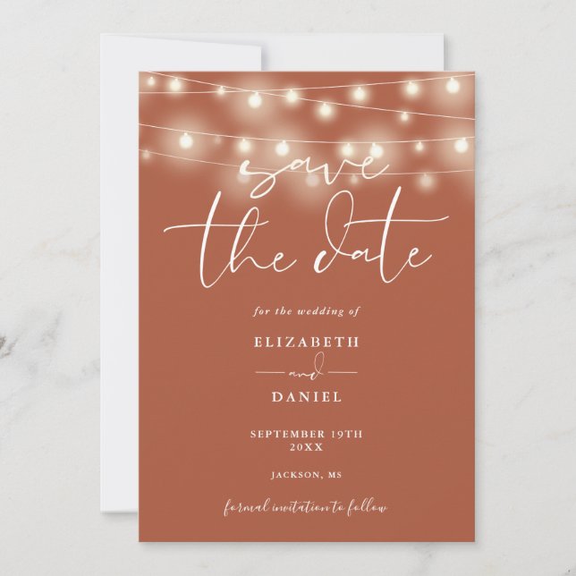 Elegant String Lights Terracotta QR Code Wedding Save The Date (Front)