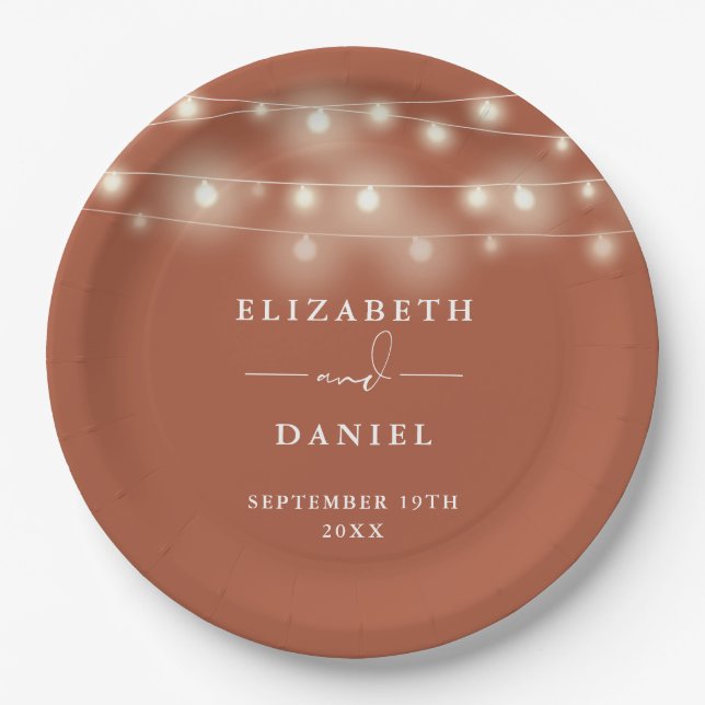 Elegant String Lights Terracotta Wedding Paper Plate (Front)