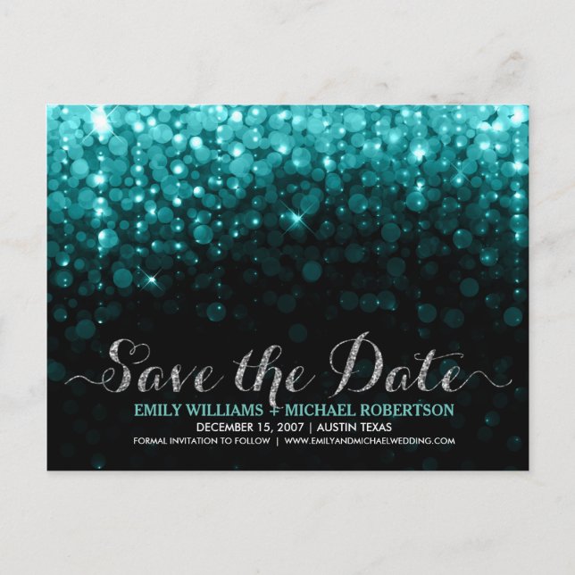 Elegant string lights turquois bokeh save the date announcement postcard (Front)