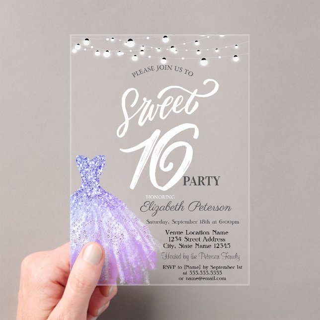 Elegant String Lights Violet Dress Sweet 16 Acrylic Invitations (Insitu (Handheld))