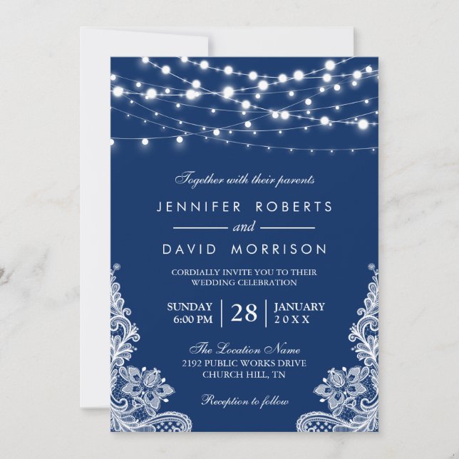 Elegant String Lights White Lace Navy Blue Wedding Invitation (Front)