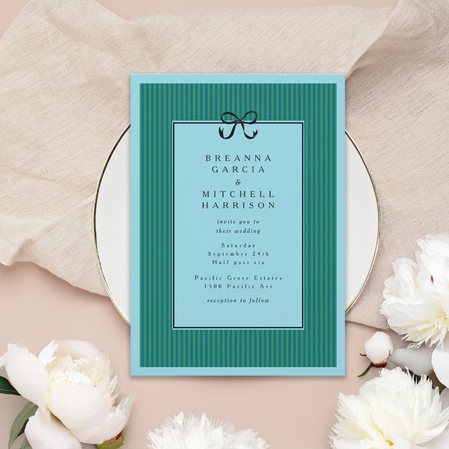 Elegant Stripe Black Border with Bow Wedding Invitation (Creator Uploaded)