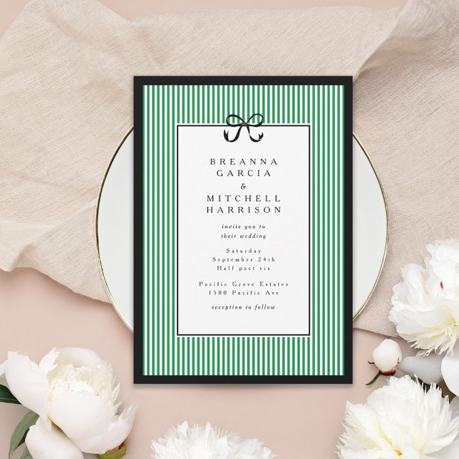 Elegant Stripe Black Border with Bow Wedding Invitation (Creator Uploaded)