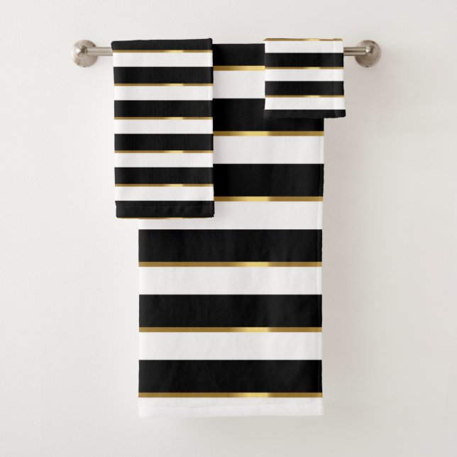  Elegant Stripe Black Gold White         Bath Towel Set (Insitu)