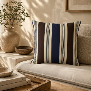 Elegant Stripe Cabana Style Navy Blue Brown  Cushion