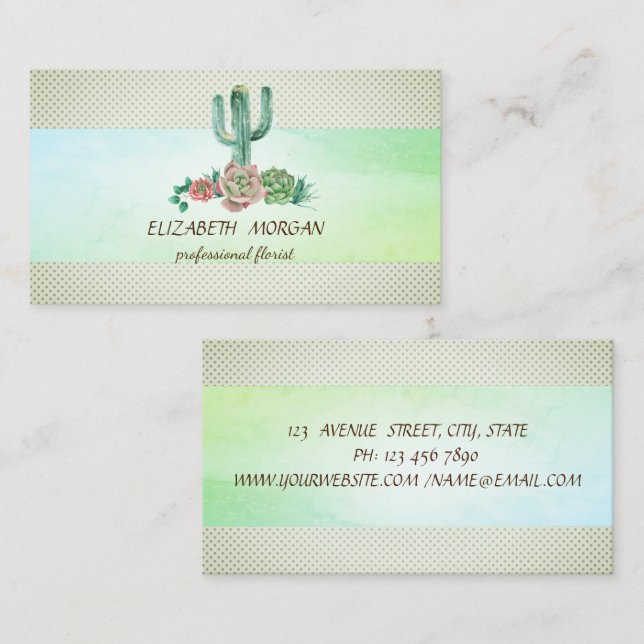 Elegant Stripe Cactus Succulent Dots Business Card (Front/Back)