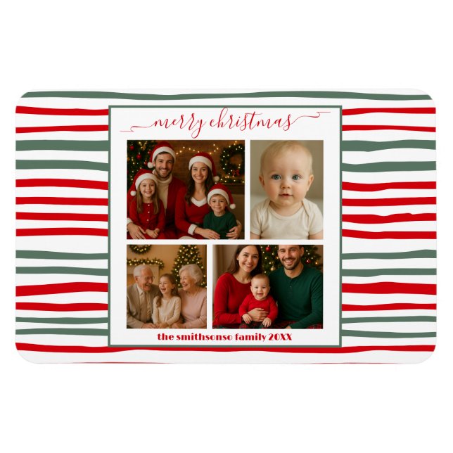 Elegant Stripe family Photo merry Christmas modern Magnet (Horizontal)