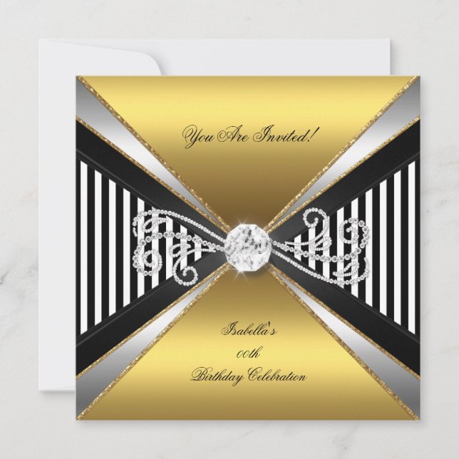 Elegant Stripe Gold Black White Silver Birthday Invitation (Front)