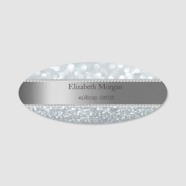 Elegant Stripe, Pearls,Silver Glitter Bokeh Name Tag (Front)