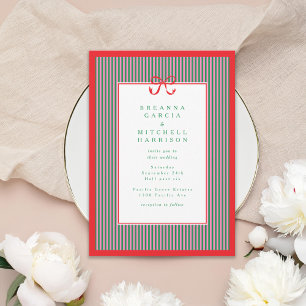 Elegant Stripe Red Border with Bow Wedding Invitation