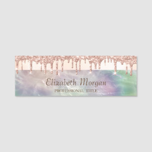Elegant Stripe,Rose Gold Glitter Drips Holographic Name Tag