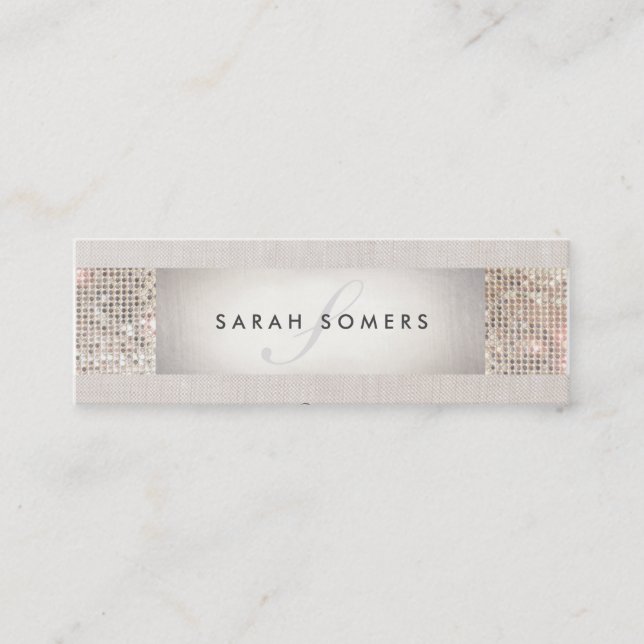 Elegant Striped Beige, FAUX Silver Sequin Monogram Mini Business Card (Front)