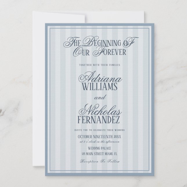 Elegant Striped Blue Wedding Invitation (Front)