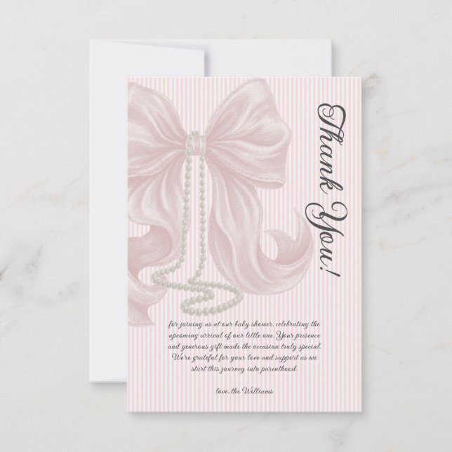 Elegant Striped Bow Ivory Pink Baby Shower Thank You Card (Front)