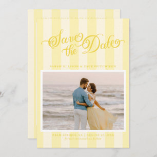 Elegant Striped Butter Yellow Script Save The Date