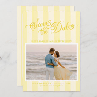 Elegant Striped Butter Yellow Script Save The Date