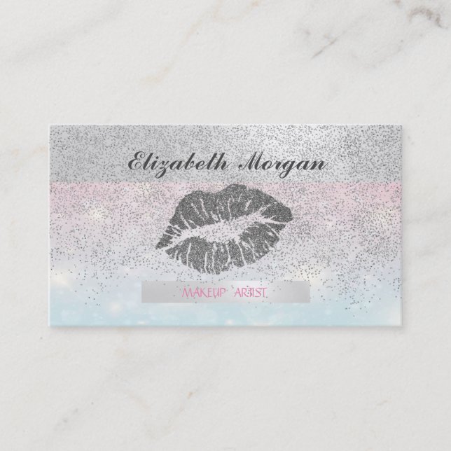 Elegant Striped,Glitter Lips Silver Confetti Business Card (Front)