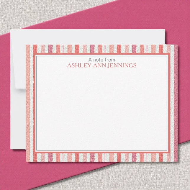 Elegant Striped Pink Personalized Stationery Card (Elegant striped pink watercolor personalized notecard with custom name)