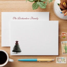 Elegant Striped Red Watercolor Christmas Tree Envelope