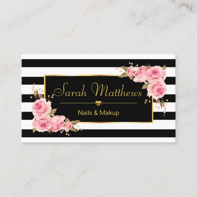 Elegant Striped Rose Hairdresser Salon Gold Heart Business Card (Front)