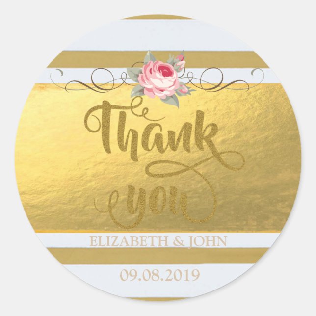 Elegant Striped,Rose Thank You  Wedding Sticker (Front)