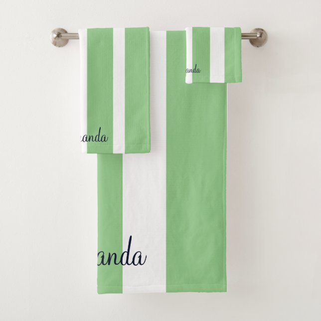 Elegant Striped Sage Green Monogrammed Bath Towel Set (Insitu)