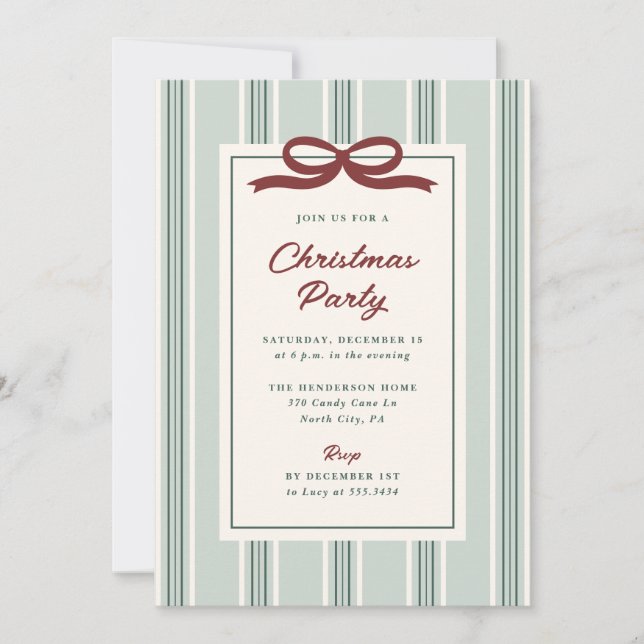 Elegant Stripes and Bow Christmas Holiday Party Invitation (Front)