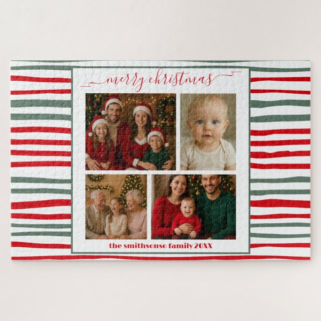 Elegant Stripes family Photo merry Christmas game Jigsaw Puzzle (Horizontal)