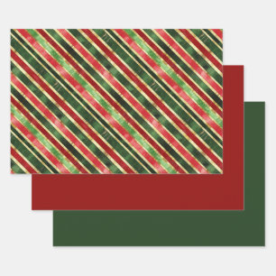 Elegant Stripes Gold Red Green Christmas Wrapping Paper Sheet