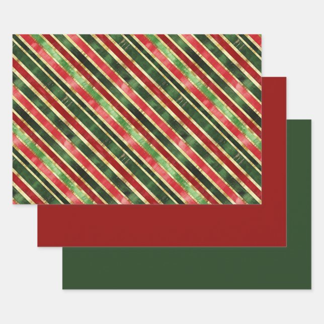 Elegant Stripes Gold Red Green Christmas Wrapping Paper Sheet (Set)