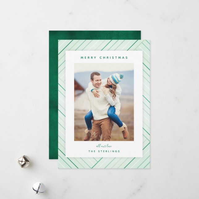 Elegant Stripes Green Family Photo Holiday Card (Front/Back In Situ)