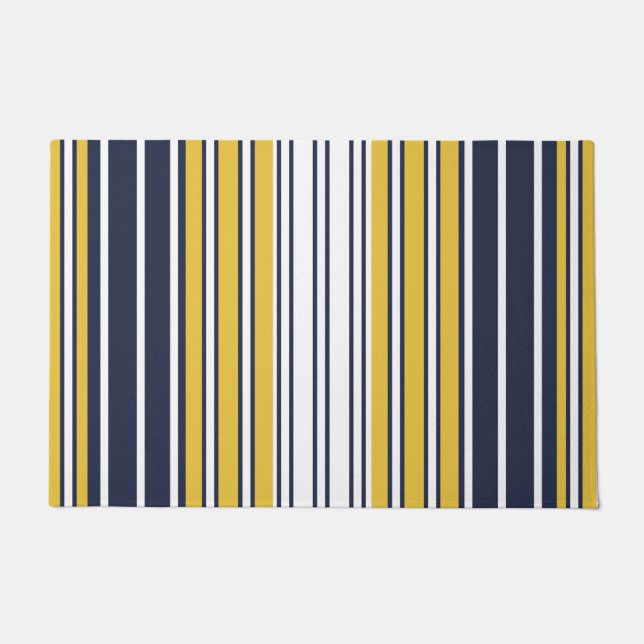 Elegant, stripes, navy blue, mustard yellow, white doormat (Front)