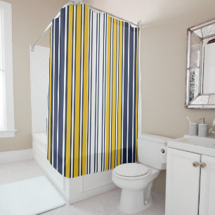 Elegant, stripes, navy blue, mustard yellow, white shower curtain