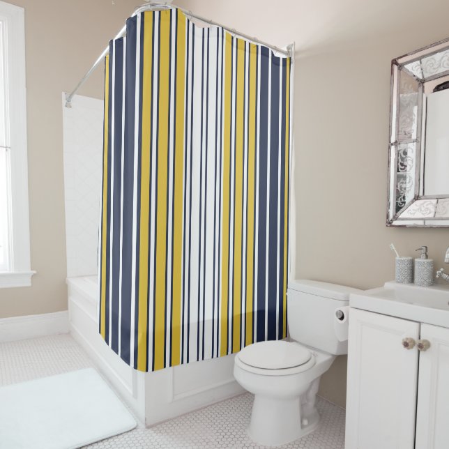 Elegant, stripes, navy blue, mustard yellow, white shower curtain (In Situ)