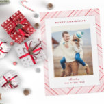 Elegant Stripes Red Family Photo Holiday Card<br><div class="desc">Elegant,  simple stripes in seasonal shades of peppermint red and crimson surround a family photo with personalised holiday greeting and name.</div>
