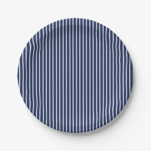 Elegant Stripes White - Navy Blue Paper Plate