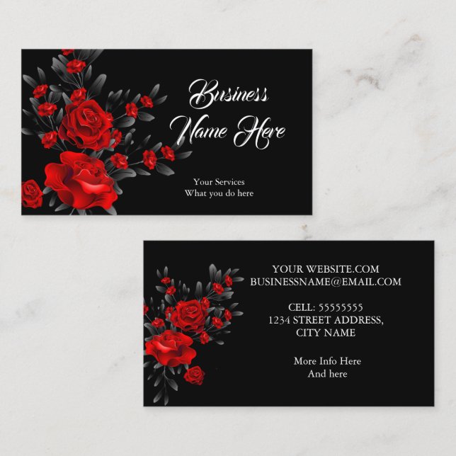 Elegant Stunning Floral Red Rose Black Leaves Business Card (Front/Back)