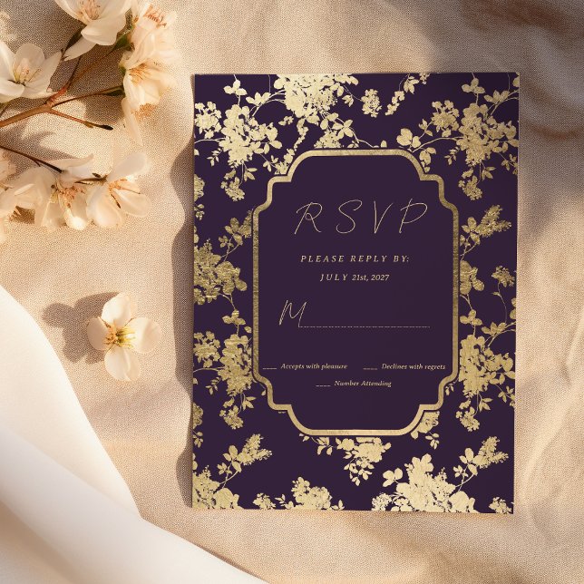 Elegant Style Dark Purple Gold Floral RSVP  Invitation (Elegant Style Dark Purple Gold Floral RSVP )