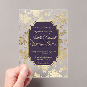 Elegant Style Tolopea Purple Gold Floral Wedding Acrylic Invitations