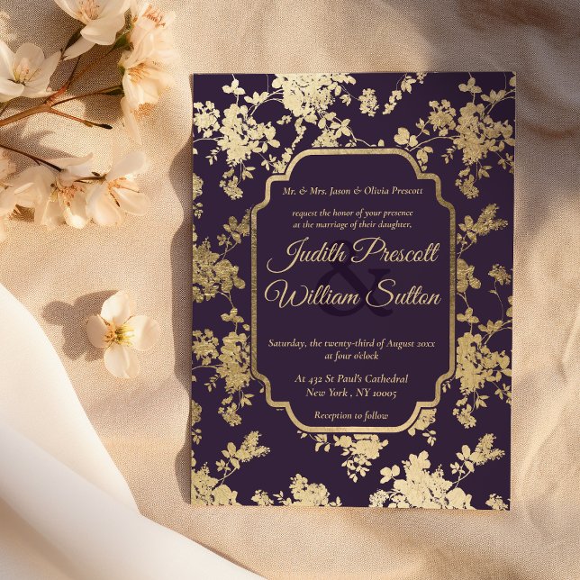 Elegant Style Tolopea Purple Gold Floral Wedding  Invitation (Elegant Style Tolopea Purple Gold Floral Wedding )