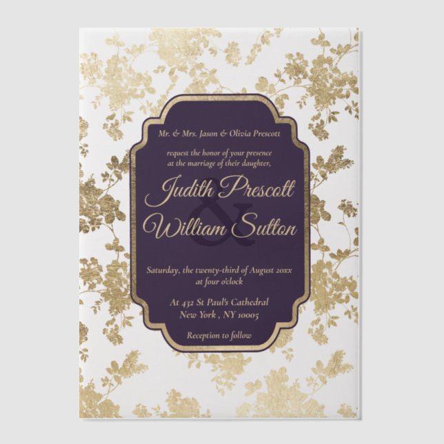 Elegant Style Tolopea Purple Gold Floral Wedding Vellum Invitations (Front)