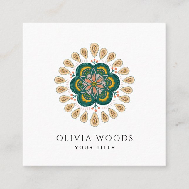Elegant Stylised Floral Mandala  Square Business Card (Front)