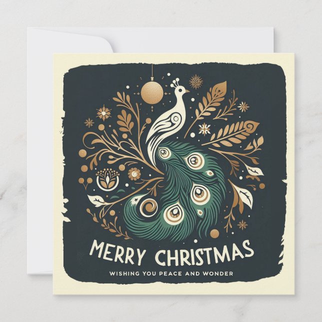 Elegant Stylised Peacock Merry Christmas  Holiday Card (Front)