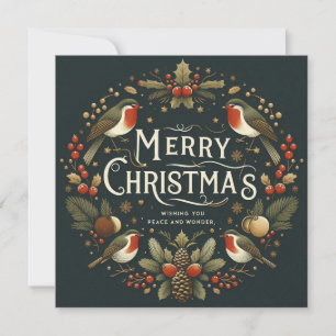 Elegant Stylised Robins Wreath Merry Christmas  Holiday Card