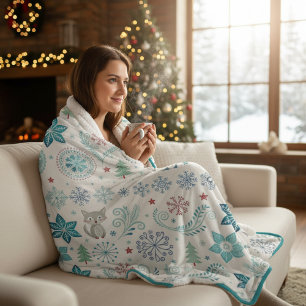 Elegant Stylised Snowflakes Fox & Christmas Tree Sherpa Blanket