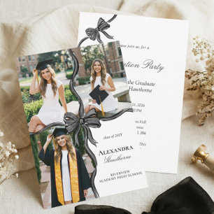 Elegant Stylish Black Bow Ribbon Photo Graduation Invitation