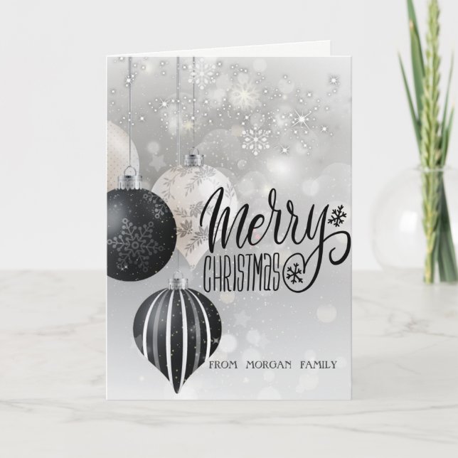 Elegant Stylish Black Christmas Balls,Stars Holiday Card (Front)